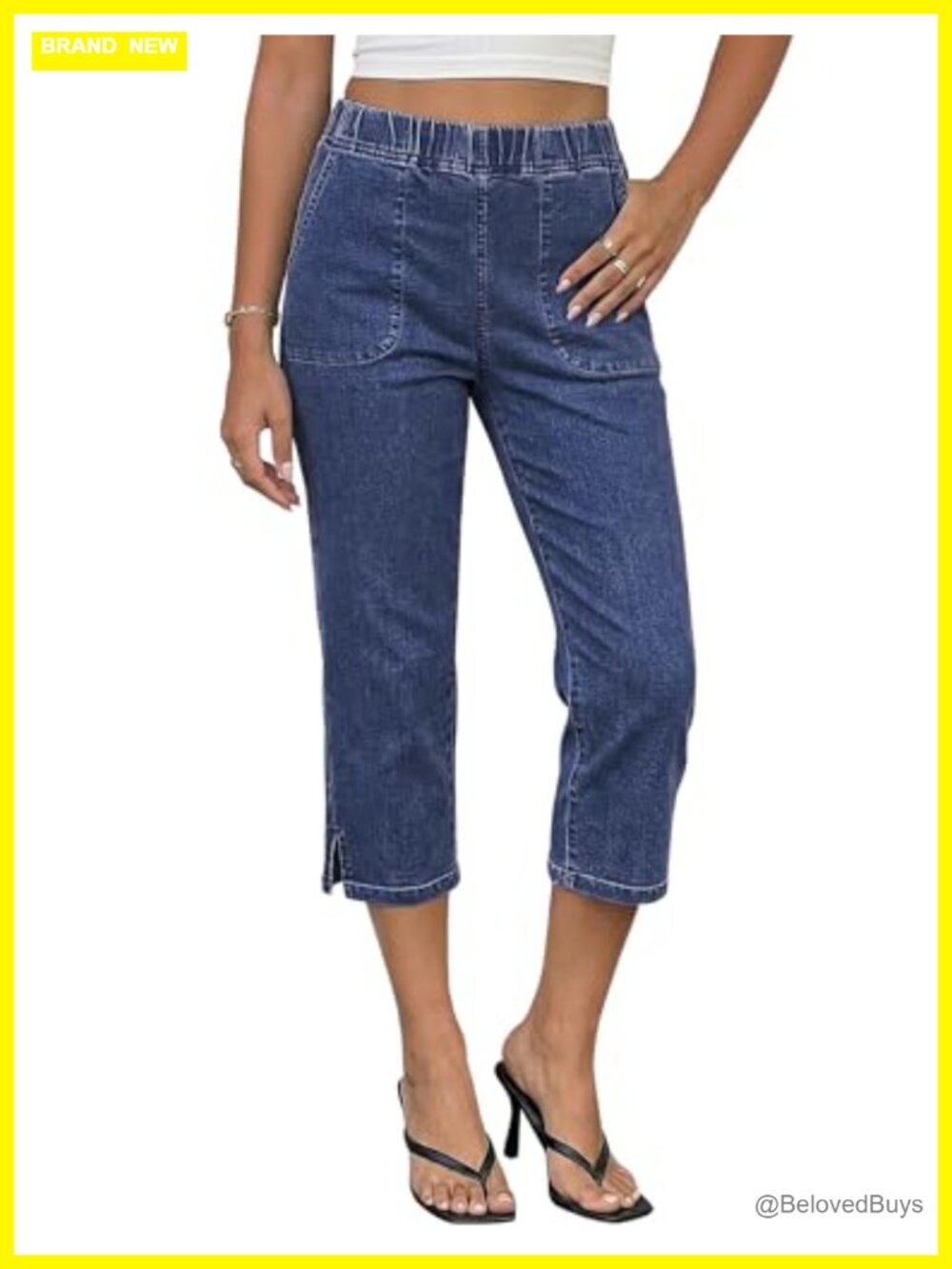 Pull On High Rise Capri Jeans Stretchy Straight Leg Side Split Denim